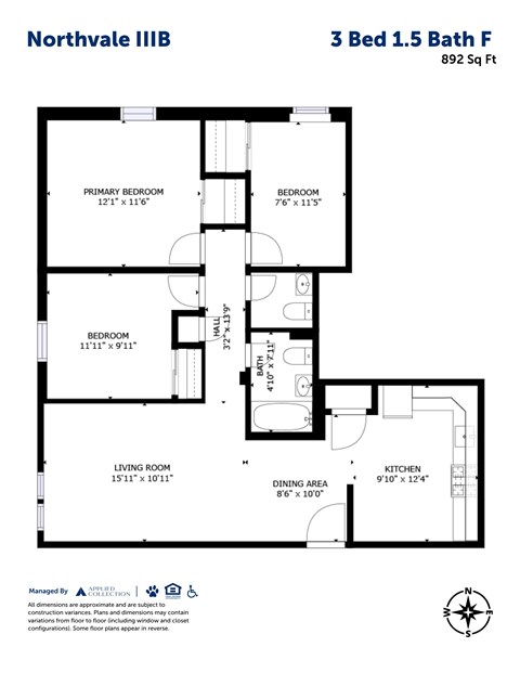 Floor plan for 3 beds, 1.5 baths, 892 sqft
